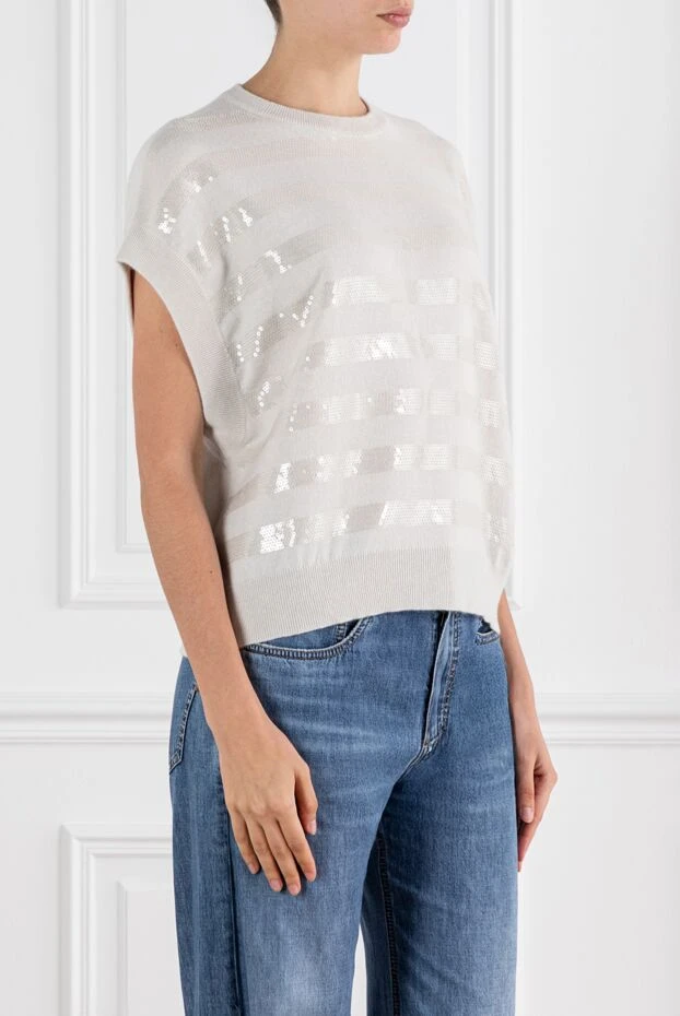 Brunello Cucinelli кашеміровий джемпер без рукавів прикрашений паєтками бежевий 188440 - фото 3