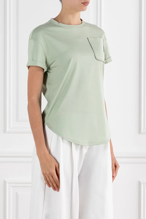Brunello Cucinelli women's green cotton t-shirt with chest pocket 188476 - photo 2