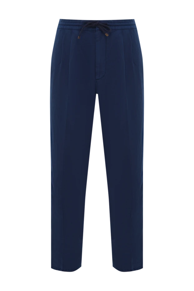 Men's Blue Linen Cotton Drawstring Trousers with Pinch Details
