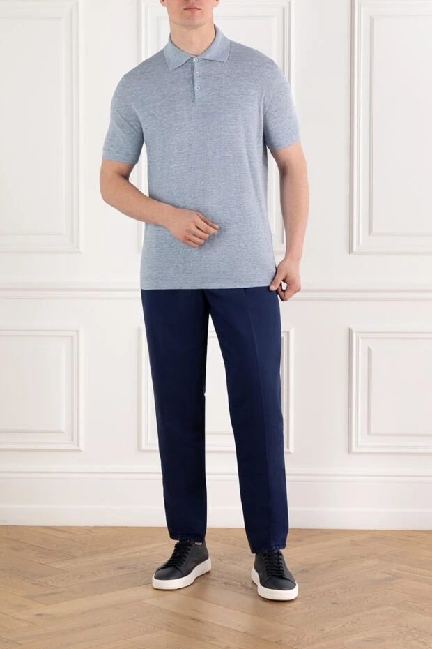 Brunello Cucinelli men's blue linen cotton drawstring trousers with pinch details 188686 - photo 2