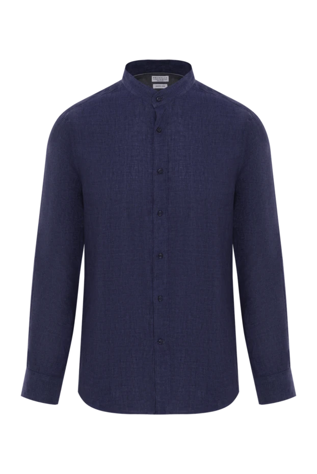 Men's linen shirt blue with stand-up collar - photo 1