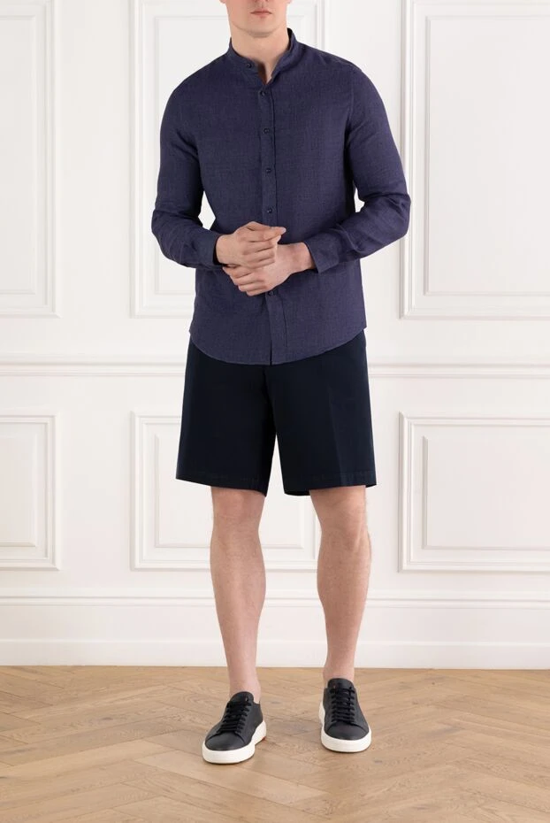 Brunello Cucinelli men's linen shirt blue with stand-up collar 188728 - photo 2
