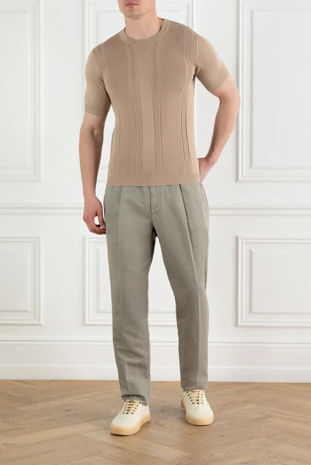Brunello Cucinelli мужской бежевый джемпер с коротким рукавом из хлопка с вязаным узором 188748 - фото 1