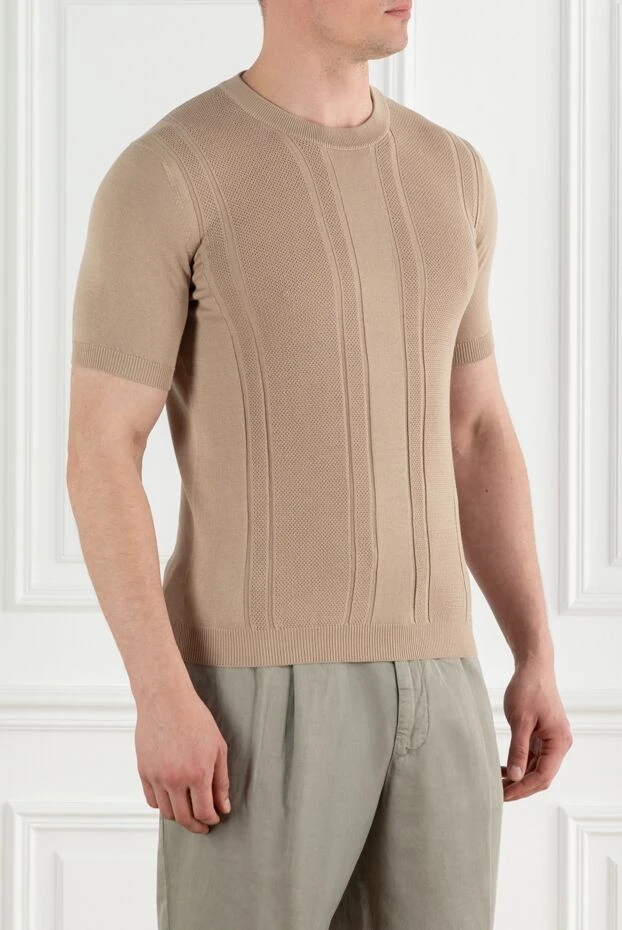 Brunello Cucinelli мужской бежевый джемпер с коротким рукавом из хлопка с вязаным узором 188748 - фото 2