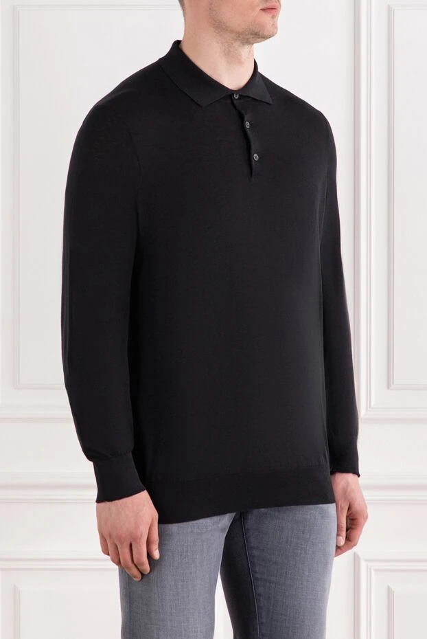 Brunello Cucinelli чорне чоловіче поло з довгим рукавом з бавовни та шовку 188751 - фото 3