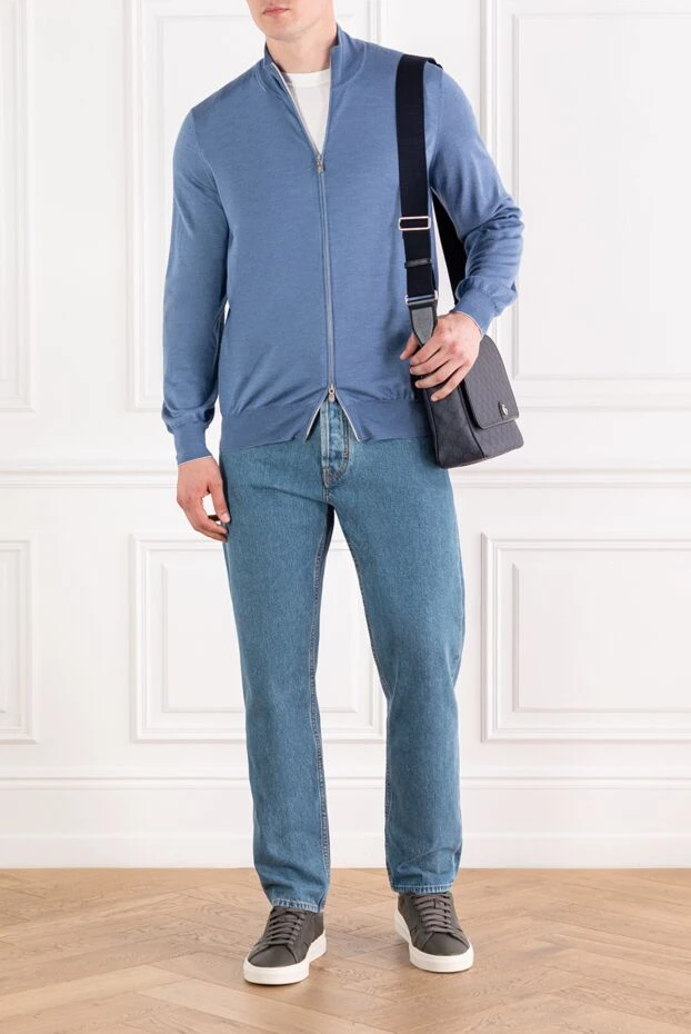 Brunello Cucinelli men's knitted cardigan in blue with a zipper made of cashmere and silk 188761 - photo 2