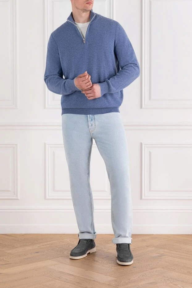 Кашемировый тройер с высоким воротом и застежкой-молнией на половину длины голубой - фото 2