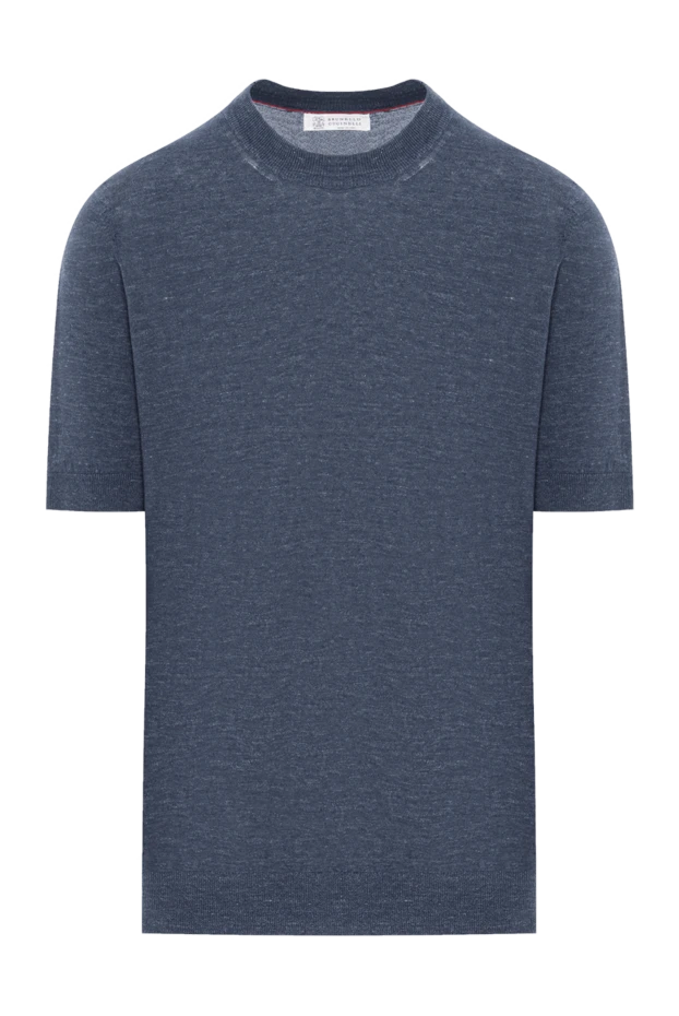 Blue melange men's T-shirt without a pattern made of linen and cotton