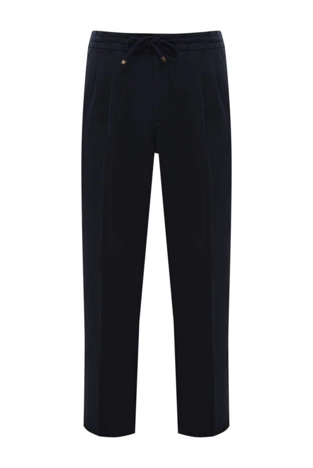 Men's Navy Blue Linen Cotton Drawstring Trousers with Pleats - photo 1