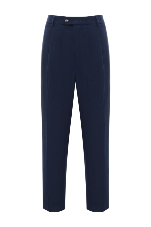 Blue men's trousers with pleats made of linen wool and silk - photo 1