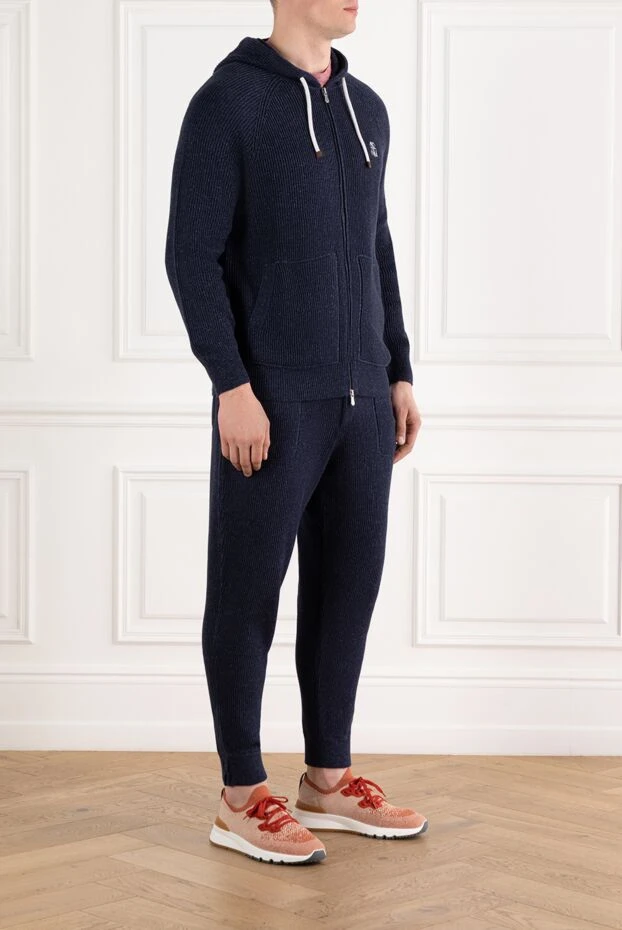 Brunello Cucinelli синий спортивный костюм в рубчик из хлопка и льна с капюшоном 188826 - фото 3