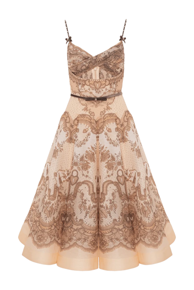 Zimmermann платье-миди crush twist front с персиковым кружевным принтом из шелковой льняной органзы 188861 - фото 1