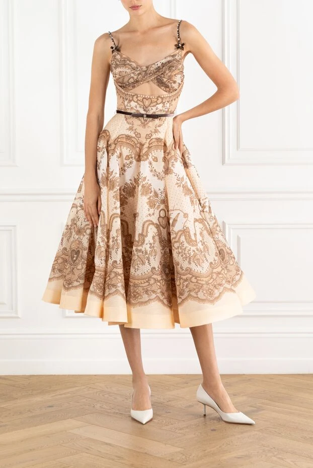 Zimmermann платье-миди crush twist front с персиковым кружевным принтом из шелковой льняной органзы 188861 - фото 2