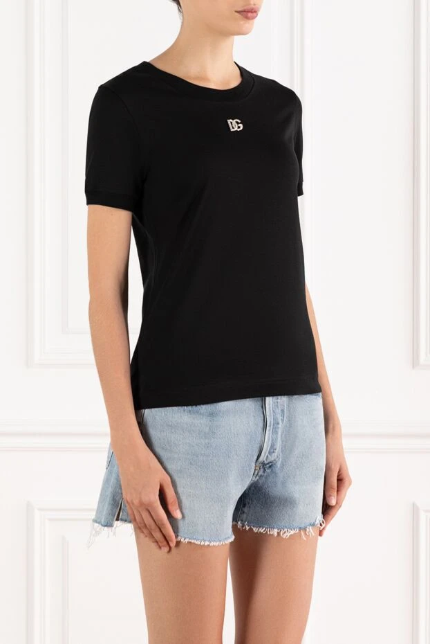 Dolce & Gabbana футболка з бавовни з кристальним логотипом dg чорна жіноча 188991 - фото 3