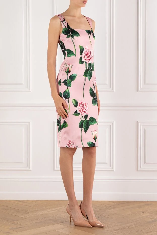 Dolce & Gabbana рожева сукня-футляр міді з еластичного атласу з принтом у вигляді троянд 188999 - фото 3