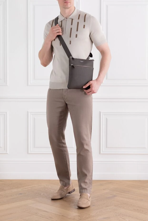 Zilli beige men's cotton and silk polo shirt with leather details 189018 - photo 2