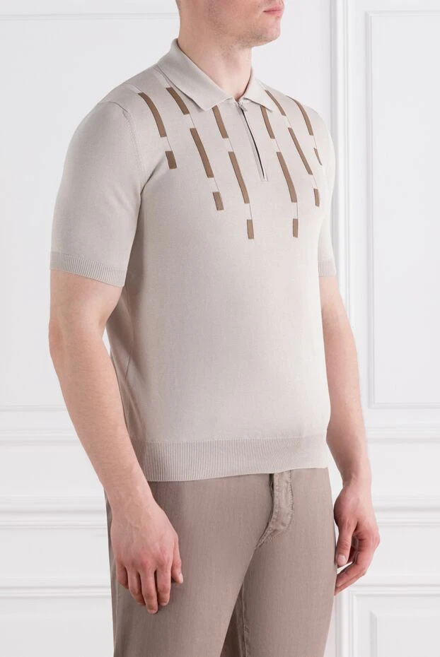 Zilli beige men's cotton and silk polo shirt with leather details 189018 - photo 3