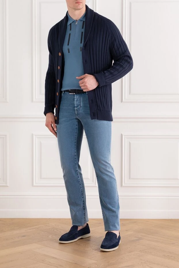 Zilli blue men's cotton and silk polo shirt with leather details 189019 - photo 2