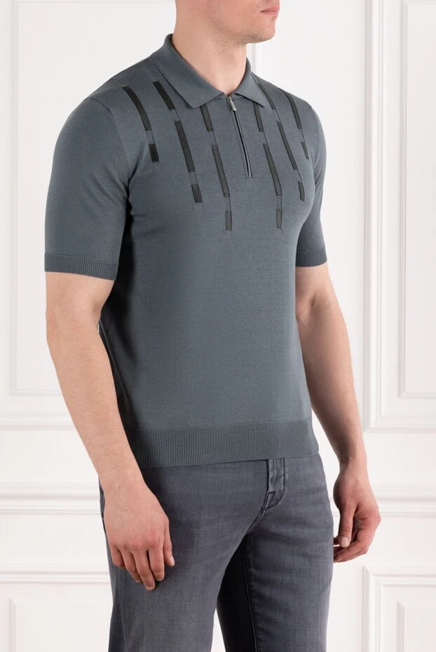 Zilli men's grey cotton and silk polo shirt with leather details 189020 - photo 3