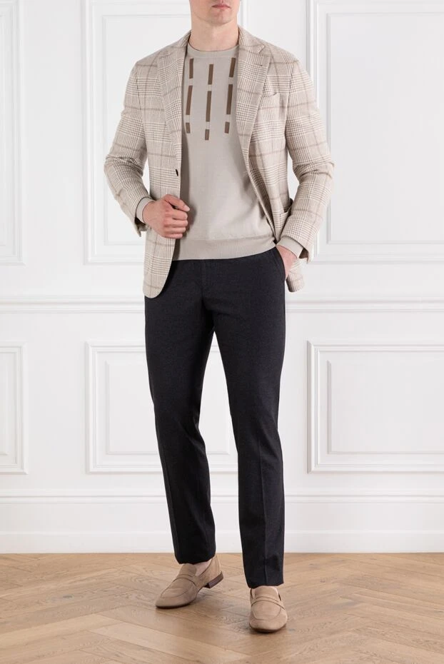 Zilli бежевый мужской джемпер из хлопка и шелка с кожаными деталями 189026 - фото 2