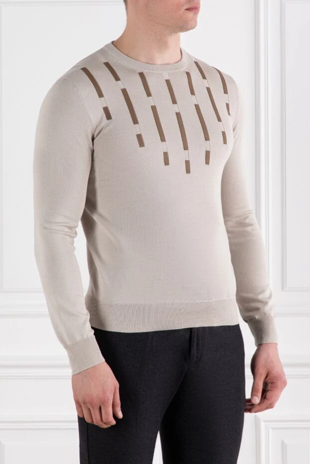 Zilli бежевый мужской джемпер из хлопка и шелка с кожаными деталями 189026 - фото 3