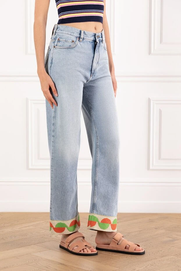 Cotton denim trousers with jacquard cuffs blue women - photo 3