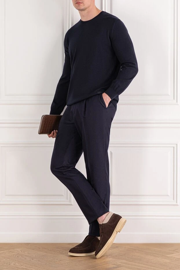 Классический джемпер прямого кроя из шерсти синего цвета - фото 2