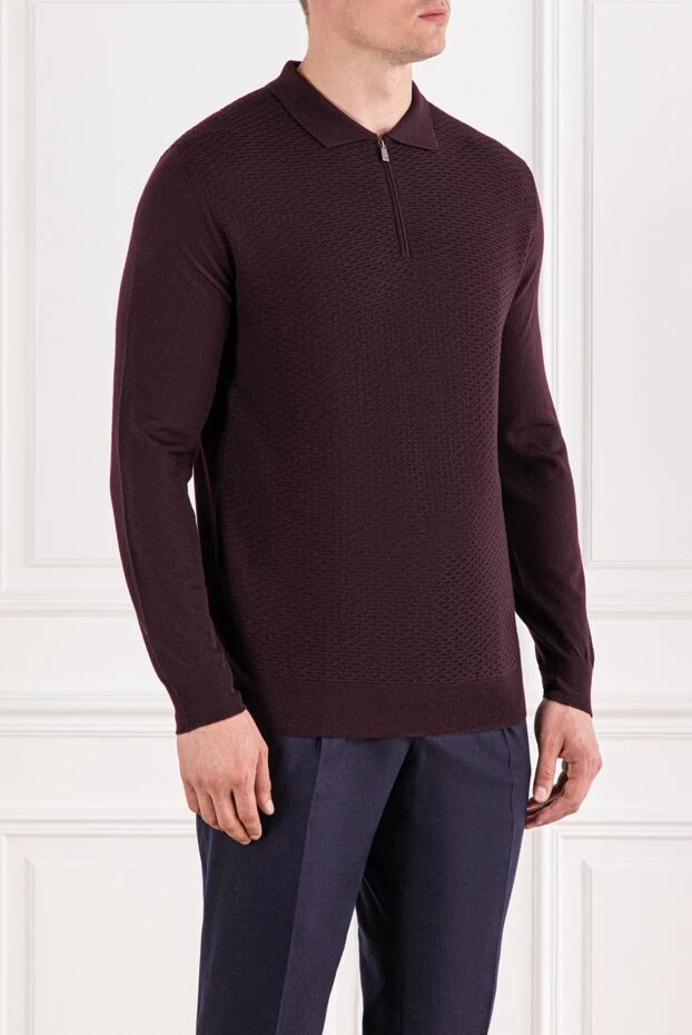 Corneliani long sleeve polo shirt in wool with textured texture and zipper burgundy 189198 - photo 3