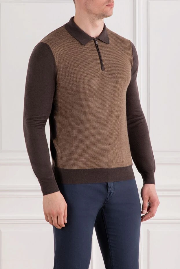 Corneliani long sleeve polo shirt in brown wool with contrast sleeves and collar 189204 - photo 3