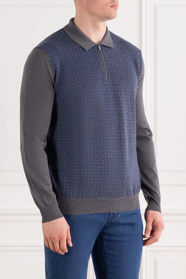 Corneliani blue jacquard wool polo shirt with zip and grey sleeves 189206 - photo 3