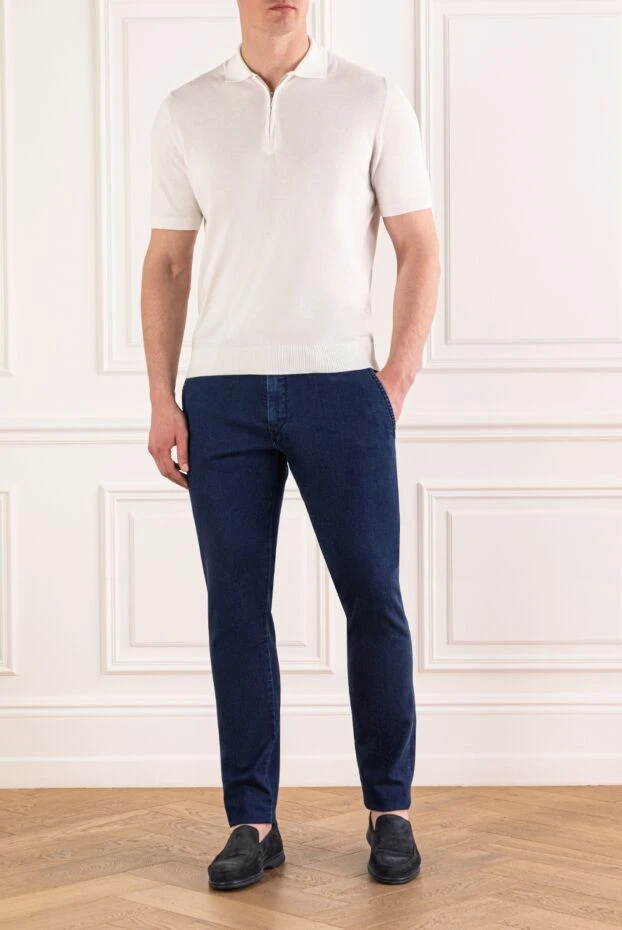 Men's dark blue jeans with flaps on the back pockets and contrast stitching - photo 2