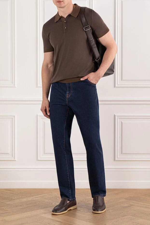 Темно-синие джинсы с декоративной вставкой и высокой посадкой - фото 2