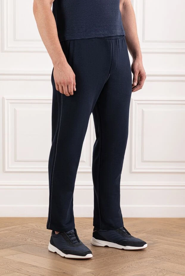 Brioni men's dark blue cotton trousers with elastic waistband 189997 - photo 3