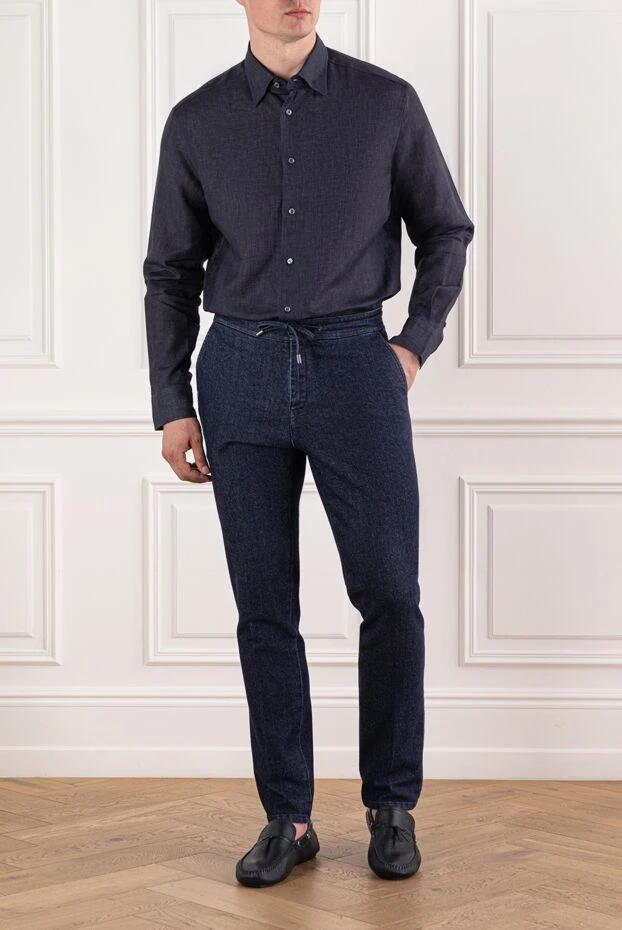 Brioni темно-синя сорочка з чистого льону з текстурною поверхнею та класичним коміром 190003 - фото 2
