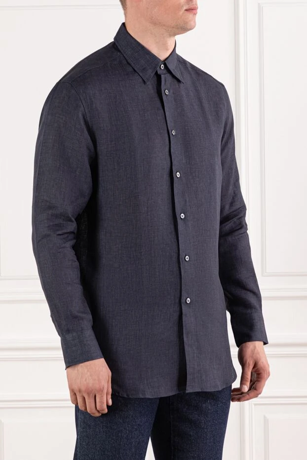 Brioni dark blue pure linen shirt with a textured surface and classic collar 190003 - photo 3