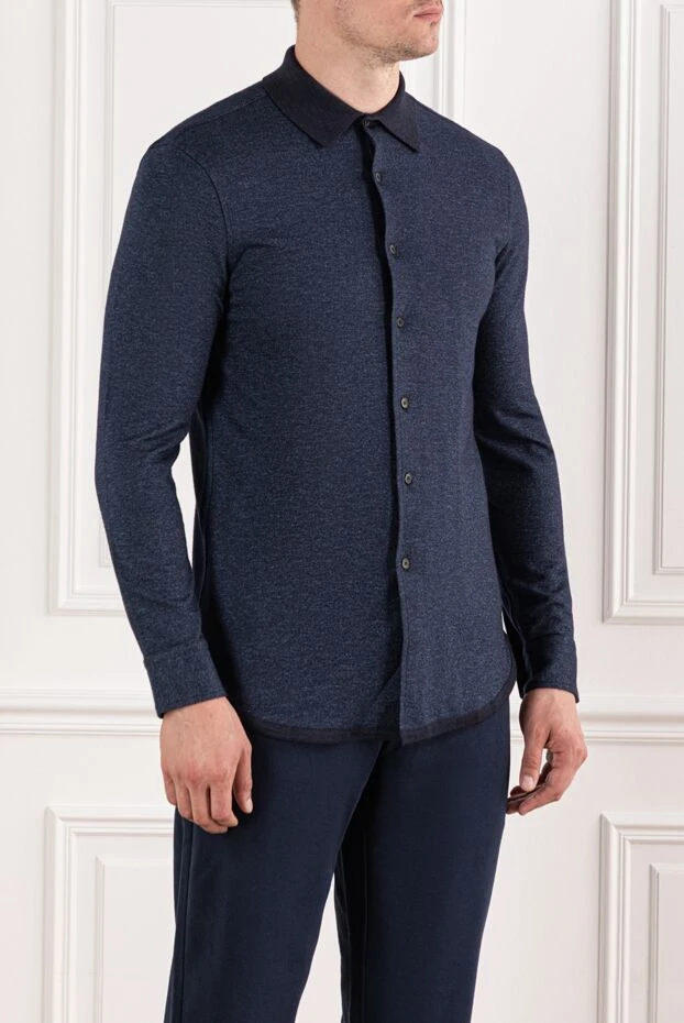 Brioni темно-синя сорочка з кашеміру та бавовни з контрастним коміром 190004 - фото 3