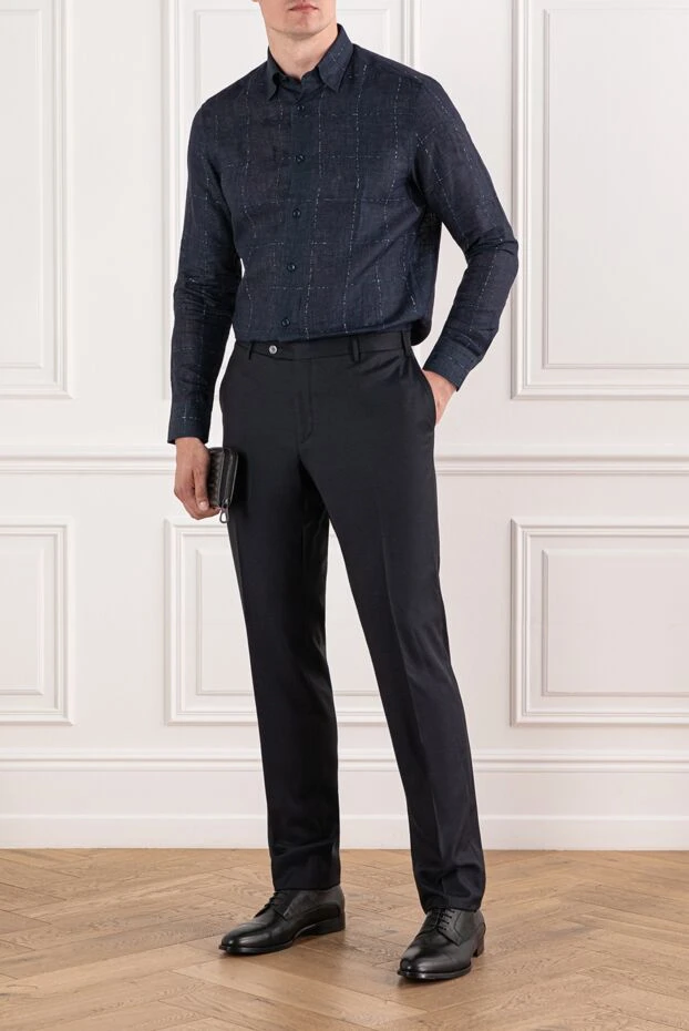Brioni сорочка з льону та віскози у темно-синьому кольорі з візерунком у клітку 190015 - фото 2