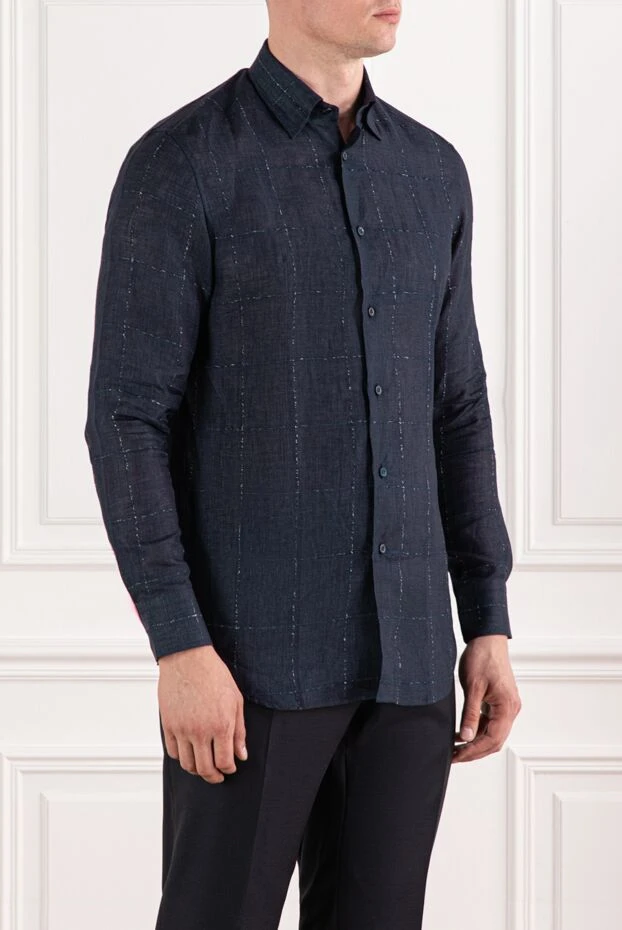 Brioni сорочка з льону та віскози у темно-синьому кольорі з візерунком у клітку 190015 - фото 3