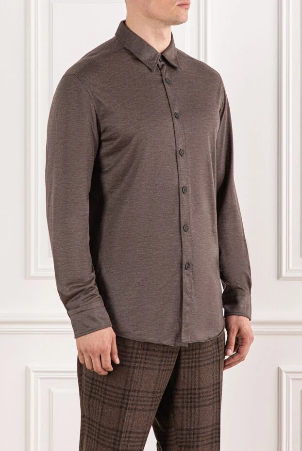 Brioni чоловіча коричнева сорочка з м'якого кашеміру з класичним коміром 190017 - фото 3