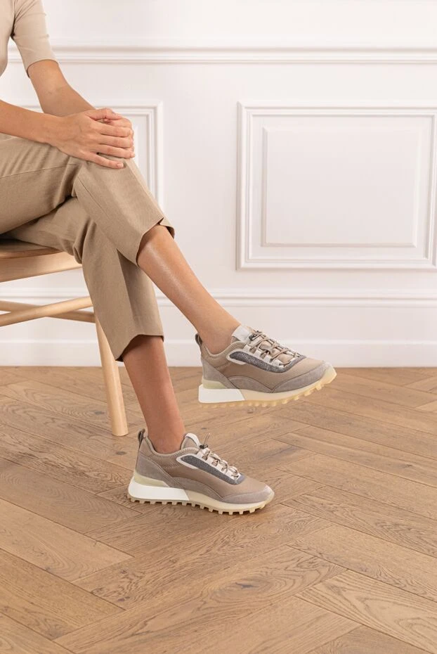 Brunello Cucinelli кросівки з текстилю та замші з декором моніль бежеві жіночі 190578 - фото 2