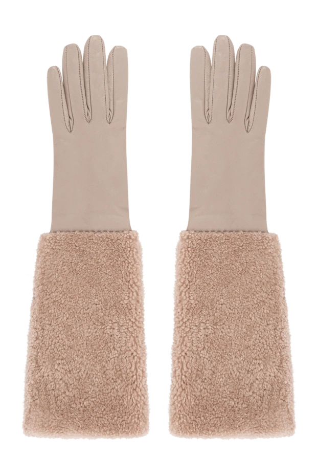 Women's long leather gloves with fur cuff, beige - photo 1