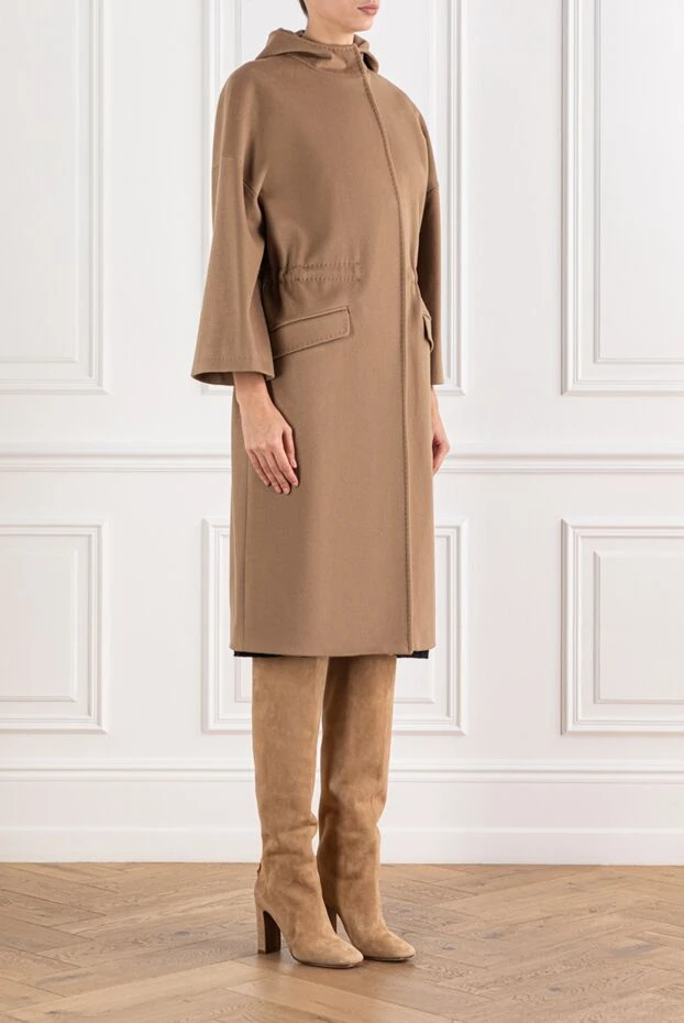 Heresis пальто бежевое свободного кроя из шерсти с капюшоном и поясом 190835 - фото 3