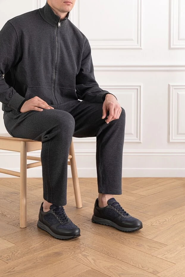 Doucal`s black sneakers with blue textile panels 190878 - photo 2