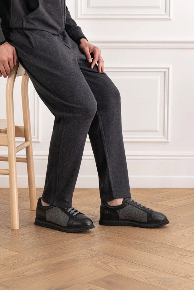 Doucal`s leather and textile sneakers with a ribbed sole 190886 - photo 2