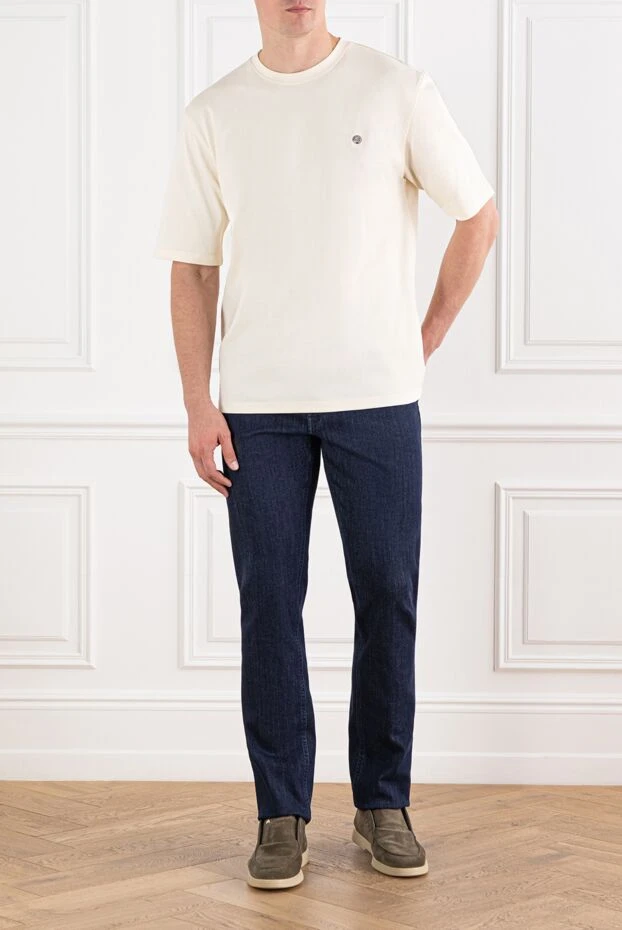 Milk-colored cotton T-shirt with embroidered logo - photo 2