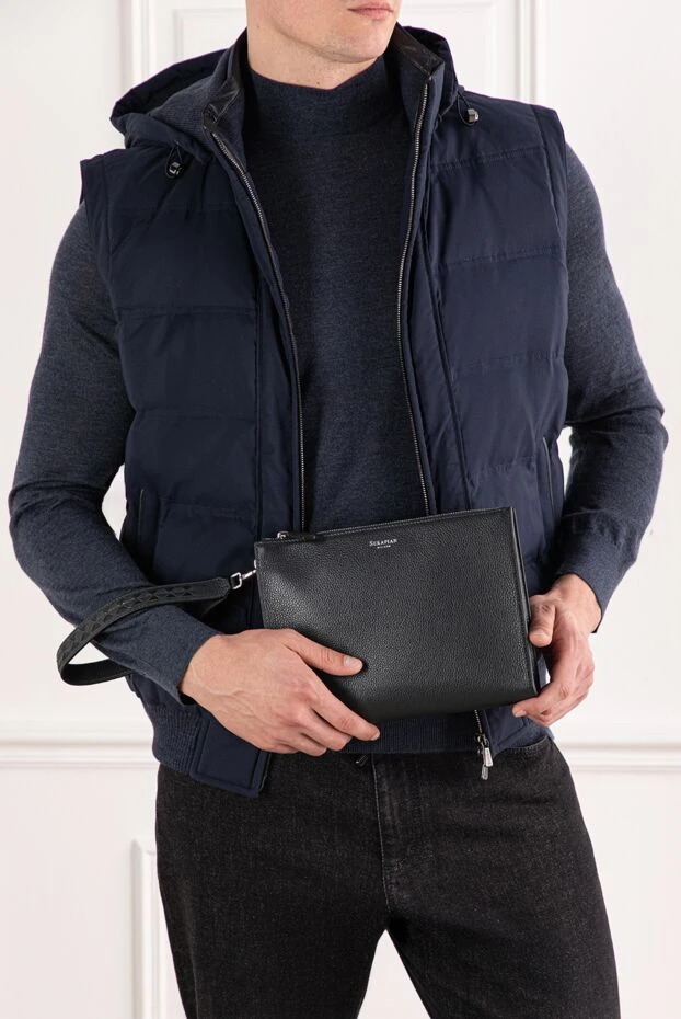 Men's black leather Cachemire clutch with wrist handle - photo 2