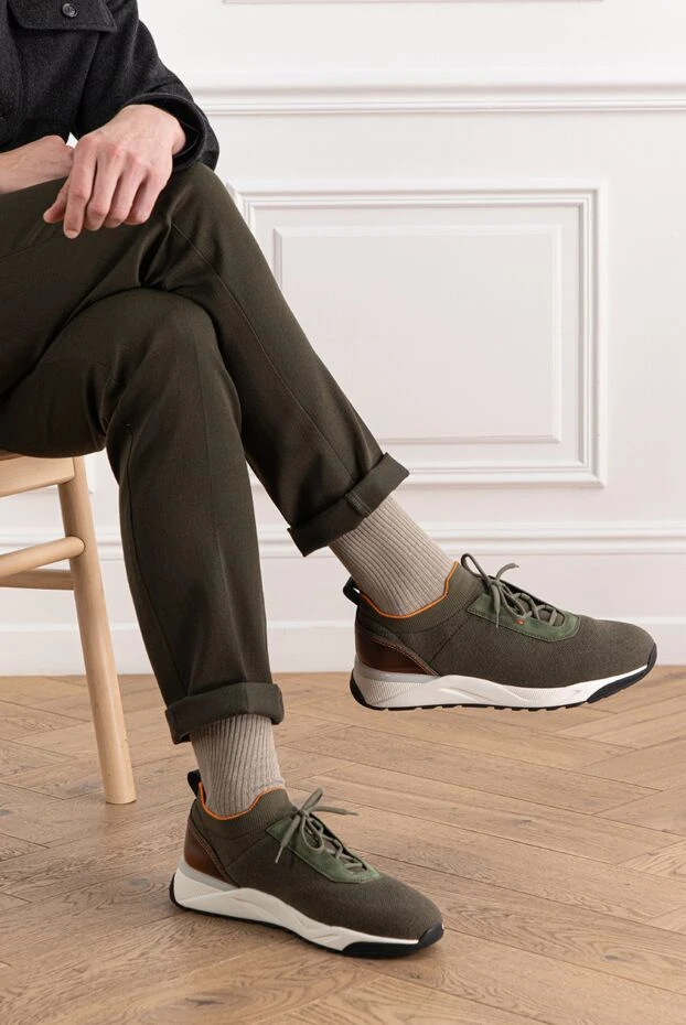 Santoni men's green sneakers made of stretch knit and leather 191278 - photo 2