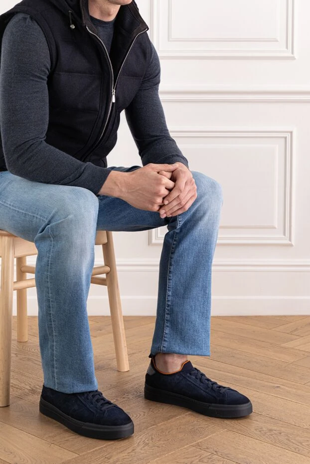 Santoni men's blue suede and leather slip-on sneakers 191282 - photo 2