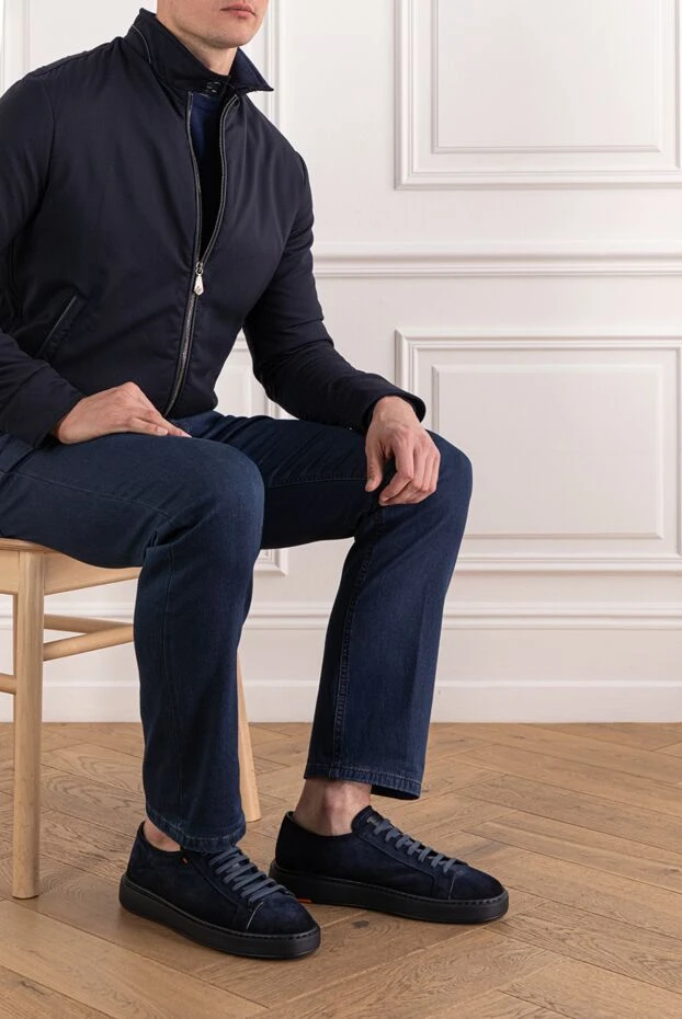 Santoni men's dark blue suede sneakers with bright orange detailing 191283 - photo 2