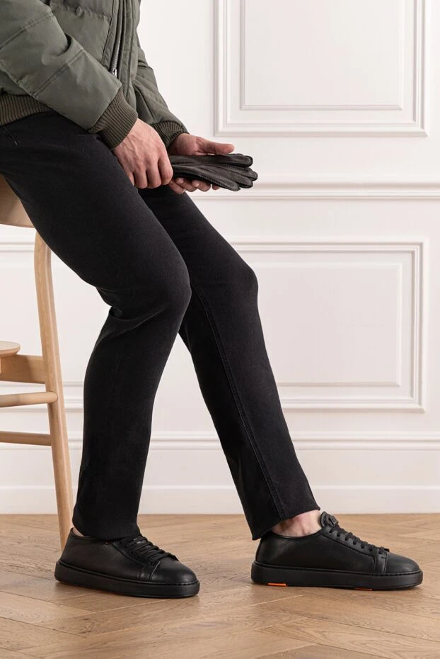 Santoni men's leather sneakers with fur lining and a minimalist design, black 191287 - photo 2